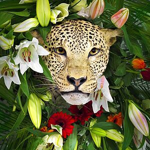 Leopardenkopf umgeben von weißen und roten Lilien und Palmblättern