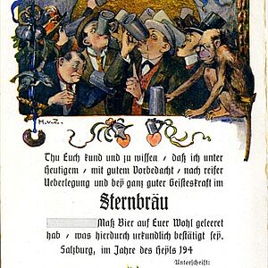 Karte vom Staernbraeu. Mehrere Personen sind oben im Bild platziert und darunter befindet sich ein Schriftzug.