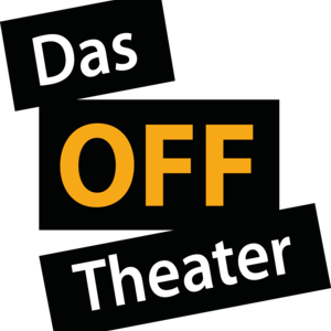 "Das OFF Theater" - weißer Schriftzug auf schwarzem Grund, nur das Wort OFF ist in -gold-orange gefärbtogo 