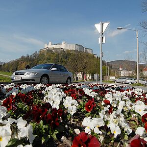 Bunte Verkehrsinseln gegen graue Strassen.
