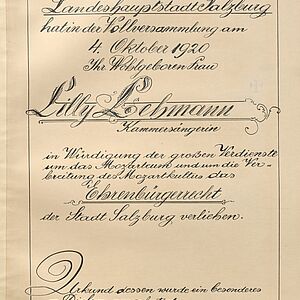 Abbildung des Eintrags zur Verleihung des Ehrenbürgerrechts für Lilly Lehman 1920