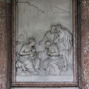Die Heilige Familie, Darstellung auf dem Grabmal für Georg Payrhamer, seitlich zu sehen Johannes der Täufer und Johannes der Evangelist.