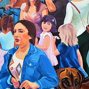 gemaltes Bild mehrerer Personen - im Vordergrund eine Frau mit Einkaufstasche in blauer Jacke, rechts neben ihr ein großer Hund, dahinter kleine Kinder, Frauen, ein Mann, ein Mann auf einem Fahrrad.   
