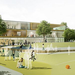 Gruen- und Sportflaechen im Vodergrund, Campus im Hintergrund