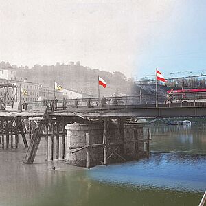 Fotomontage welche linksseitig in schwarz-weiß die Baustelle der Staatsbrücke in Slazburg zeigt und rechtseitig ein Farbdarstellung der heutigen Staatsbücke