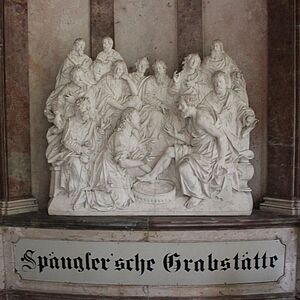 Die Spänglersche Grabstätte mit dem Relief der Fußwaschung Christi von Hans Konrad Asper um 1750 (Original heute im SalzburgMuseum).
