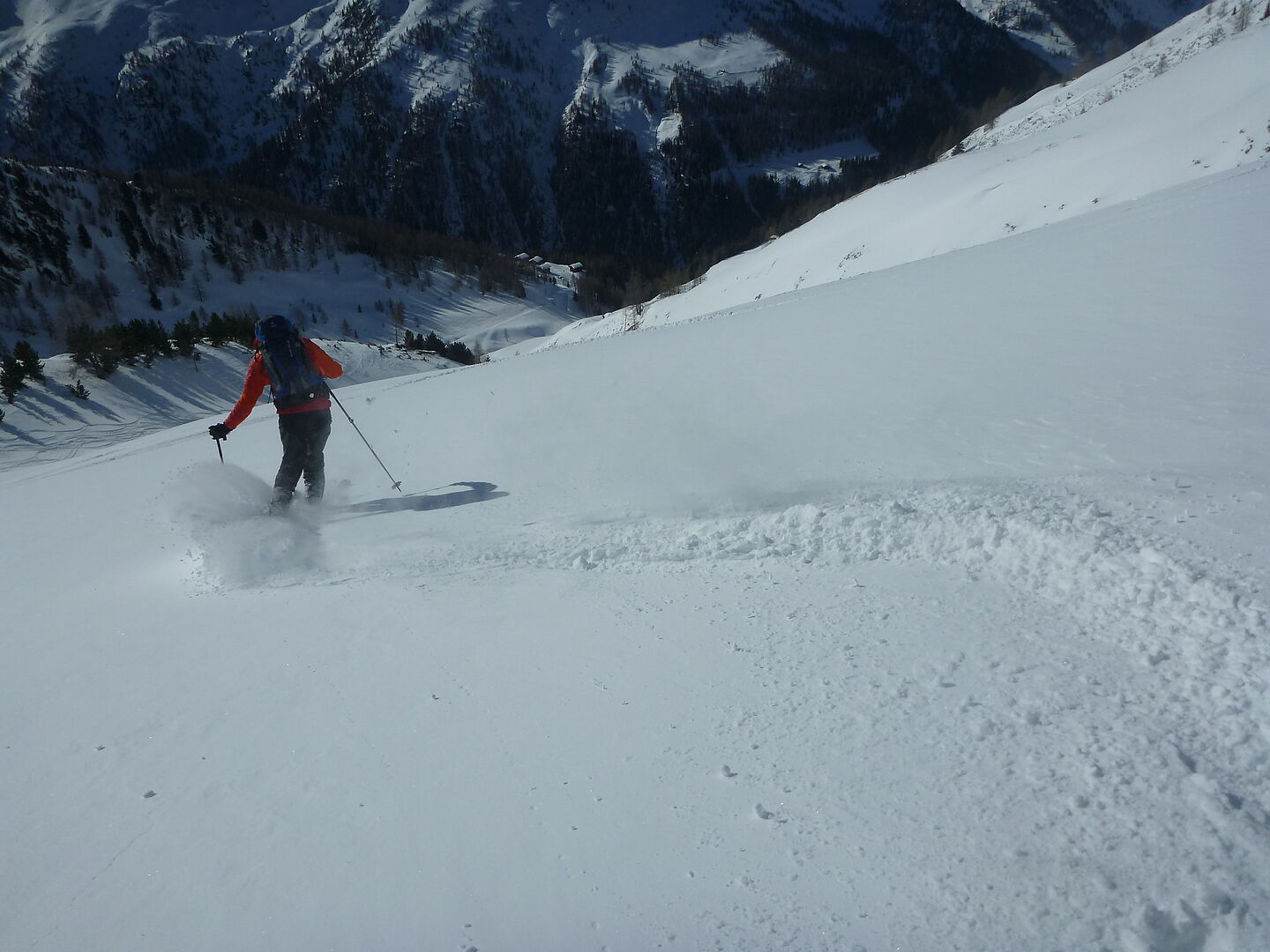Skifahrer der im unberührten Tiefschnee den Hang hinunter wedelt