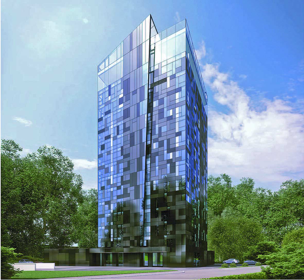 Baukörper mit schimmernd "pixelnden" Glasfassaden Baukörper mit schimmernd "pixelnden" Glasfassaden