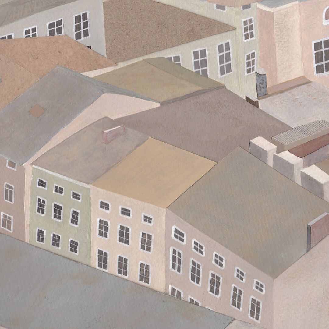 Pastellfarbiges Bild von Häuserreichen mit ihren Dachlandschaften in einfacher Darstellung