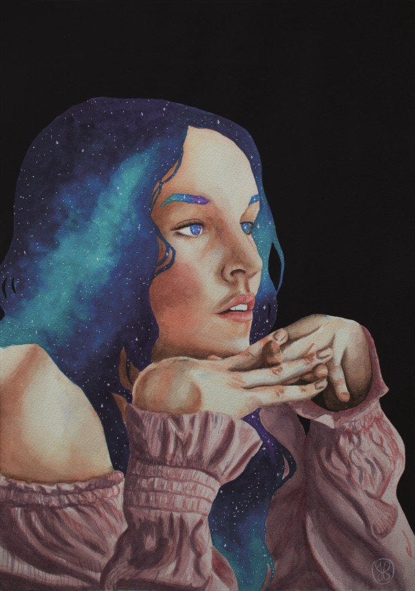 gemaltes Oberkörperportrait einer jungen Frau die ihr Kinn auf die Handrücken gelegt hat, mit dunklem, langen, gewelltem Haar, dunklen Augen und Augenbrauen, in denen Sterne glitzern.