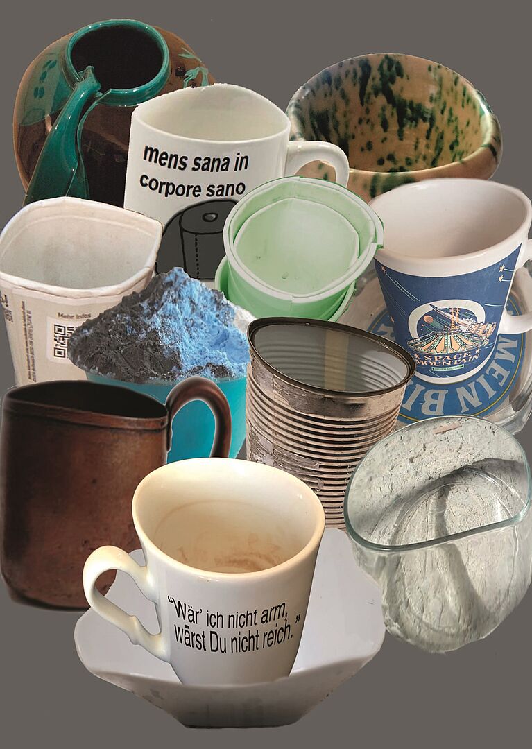 Bild von unterschiedlichen Tassen und Bechern von Blechdosen über Pappbechern zu Keramiktassen