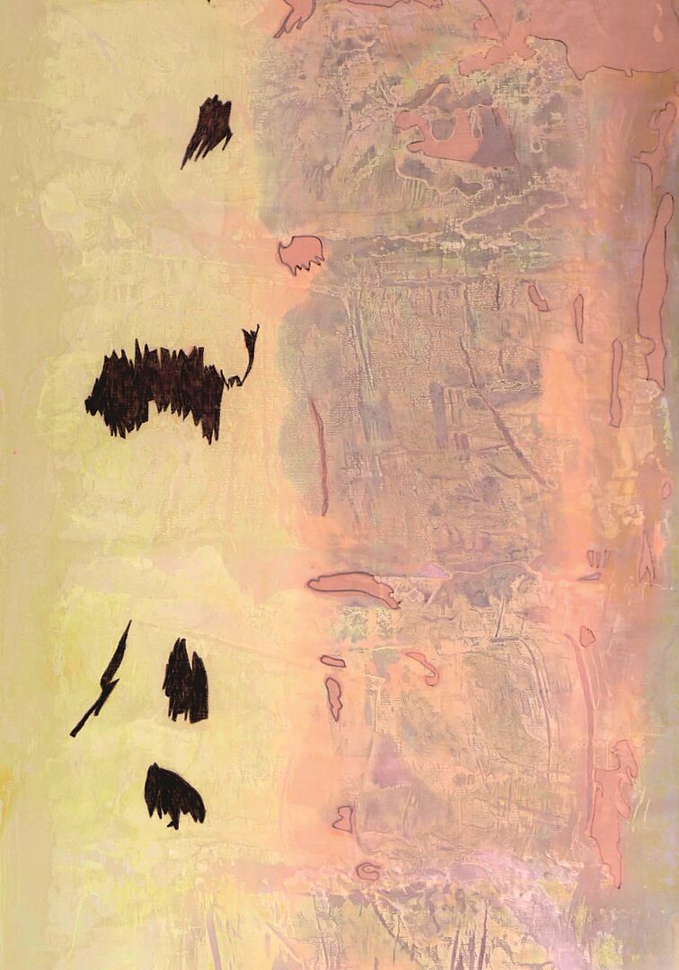 Abstraktes Bild in den Pastell-Farbtönen gelb - rose - aprokose mit einigen schwarzen gestrichelten Flecken zwischendrin