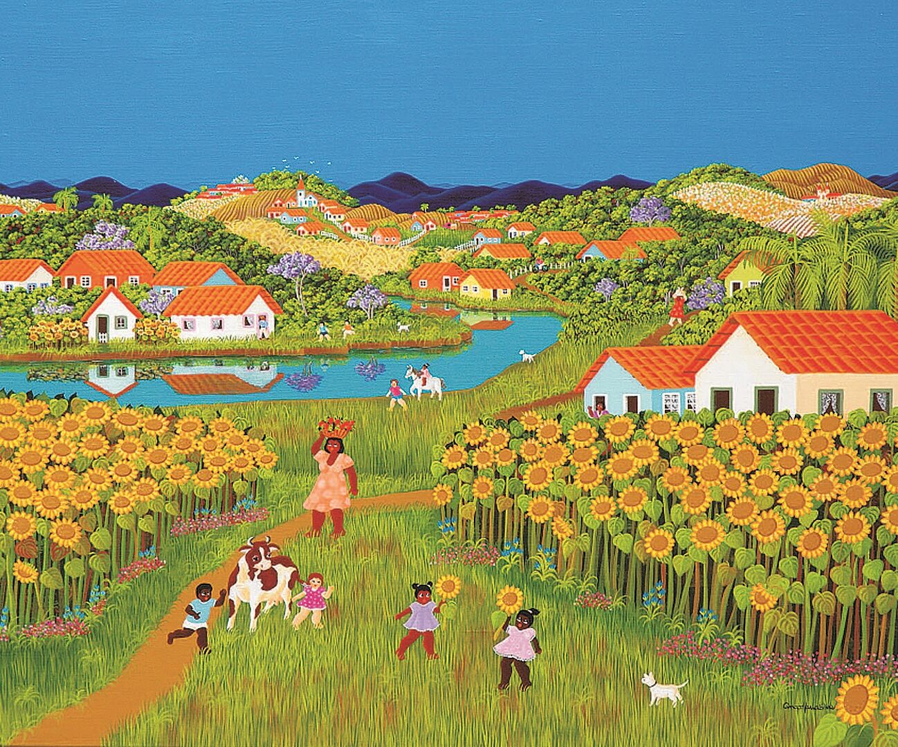 naive Malerei einer Landschaft mit Sonnenblumenfeldern, Häusern mit roten Zeigeldächern, einem Fluß der in einer Biegung durch die Wiesen zwischen den Häusern fließt, im Vordergrund spielende Kinder.  