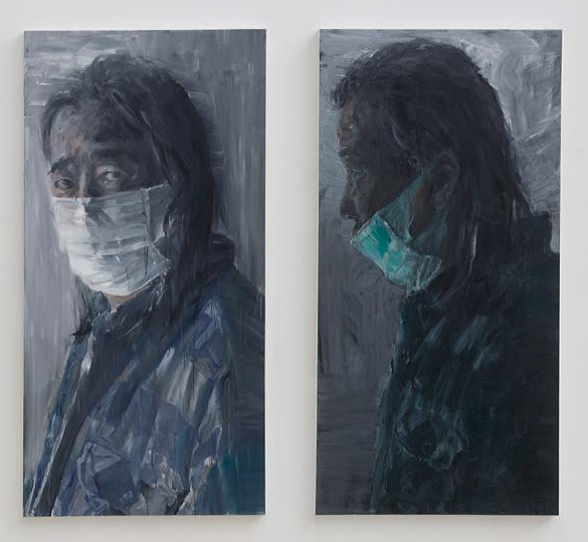 Yan Pei Ming, Self-Portrait with Mask, 2020 Selbstportrait des Künstlers Yan Pei Ming mit Maske, Ölbild