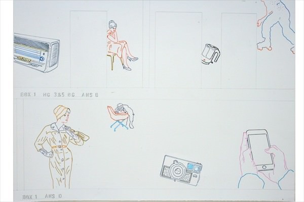 Auszug aus der Entwurfsgestaltung von Bernhard Lochmann auf dem eine Dame in Kostüm und Hut, Kofferradio, Fotoapart, Smartphone, Mixer zu erkennen sind 