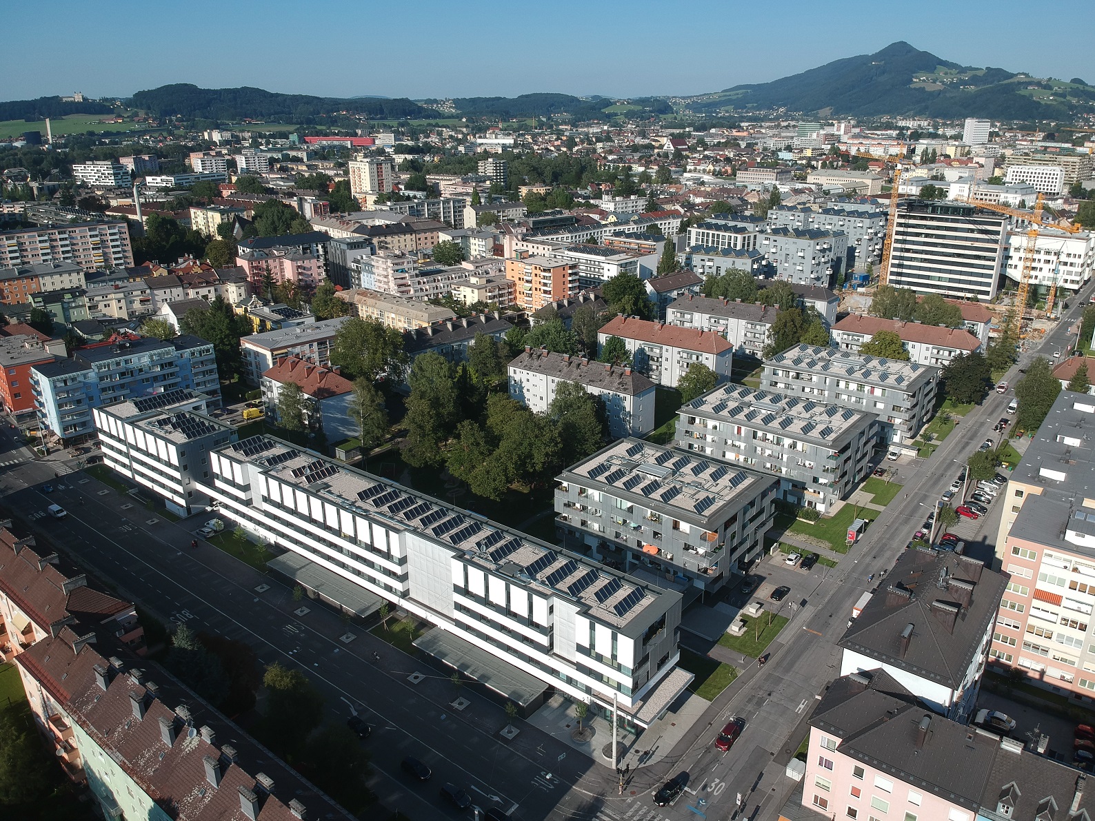 Wohnpark Strubergasse Süd-West Ansicht Luftbildaufnahme der Südwestseite des Wohparks Strubergasse
