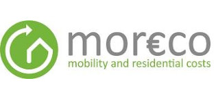moreco Logo linksseitig ein grüner Punkt in welchem ein symbolisches Haus zu einem kreisförmigen Pfeil wird; rechts daneben der grauer Schriftzug: mor€co , darunter kleinerer Schriftzug in grün: mobility and residential costs