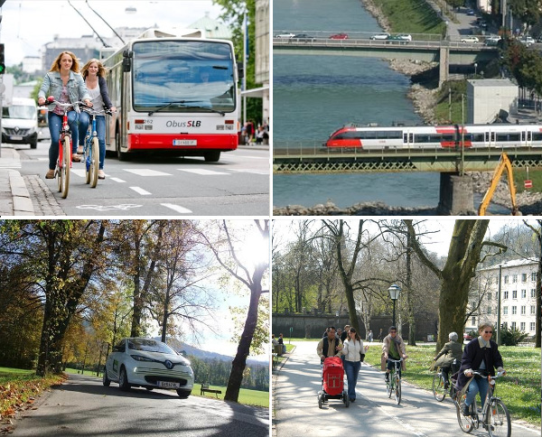 4 Bilder mit unterschiedlichen Fortbewegungsmitteln - Obus, Fahrradfahrern, E-Auto, Zug