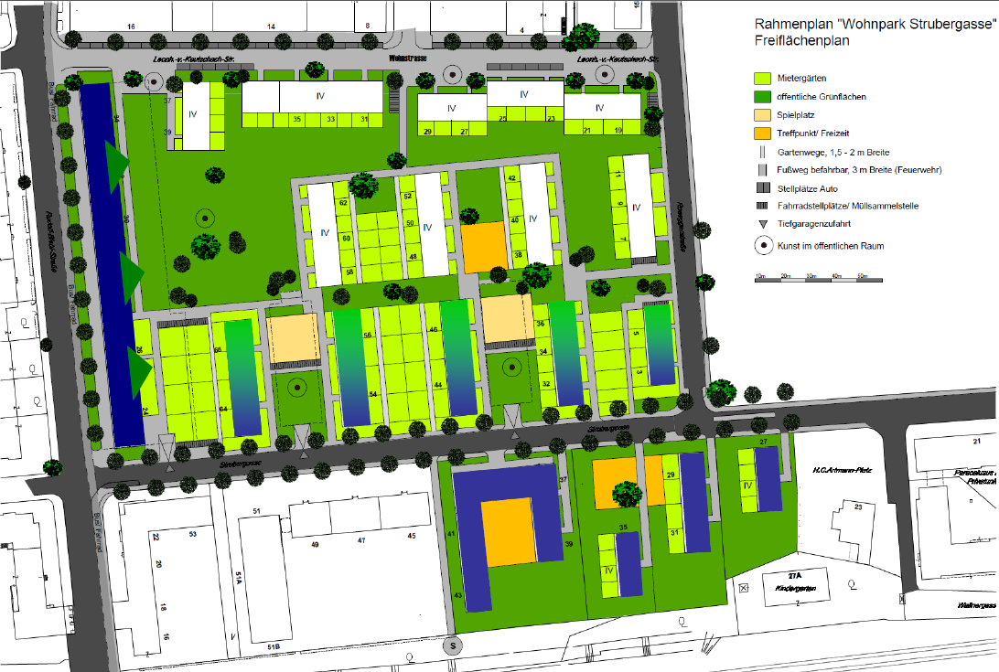Rahmenplan "Wohnpark Strubergasse" Freiflächenplan mit farblicher Dartsellung des Schallschutzes durch die Gebäude an der West- und Südseite des Arreals