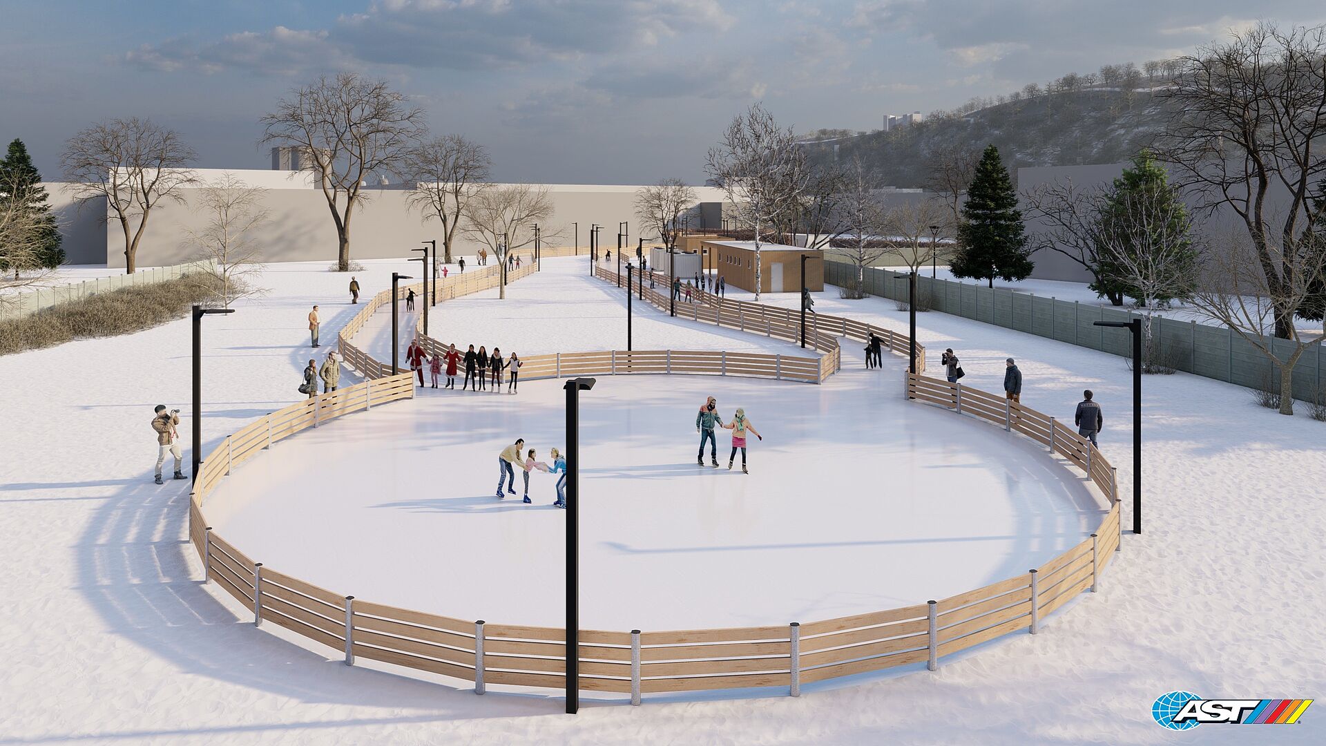 Neue Eisrunde Areal Eisarena Modell Neue Eisrunde ist mit der Freiflaeche verbunden und fuehrt durch das Badegelaende des Volksgartenbades. Sie fuegt sich hamonisch in das Areal ein.