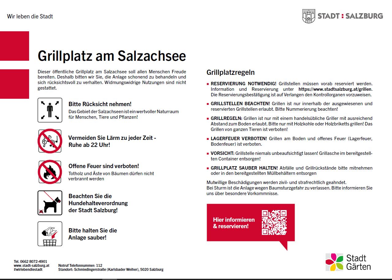 Das Bild zeigt die Grillplatzregeln am Salzachsee.