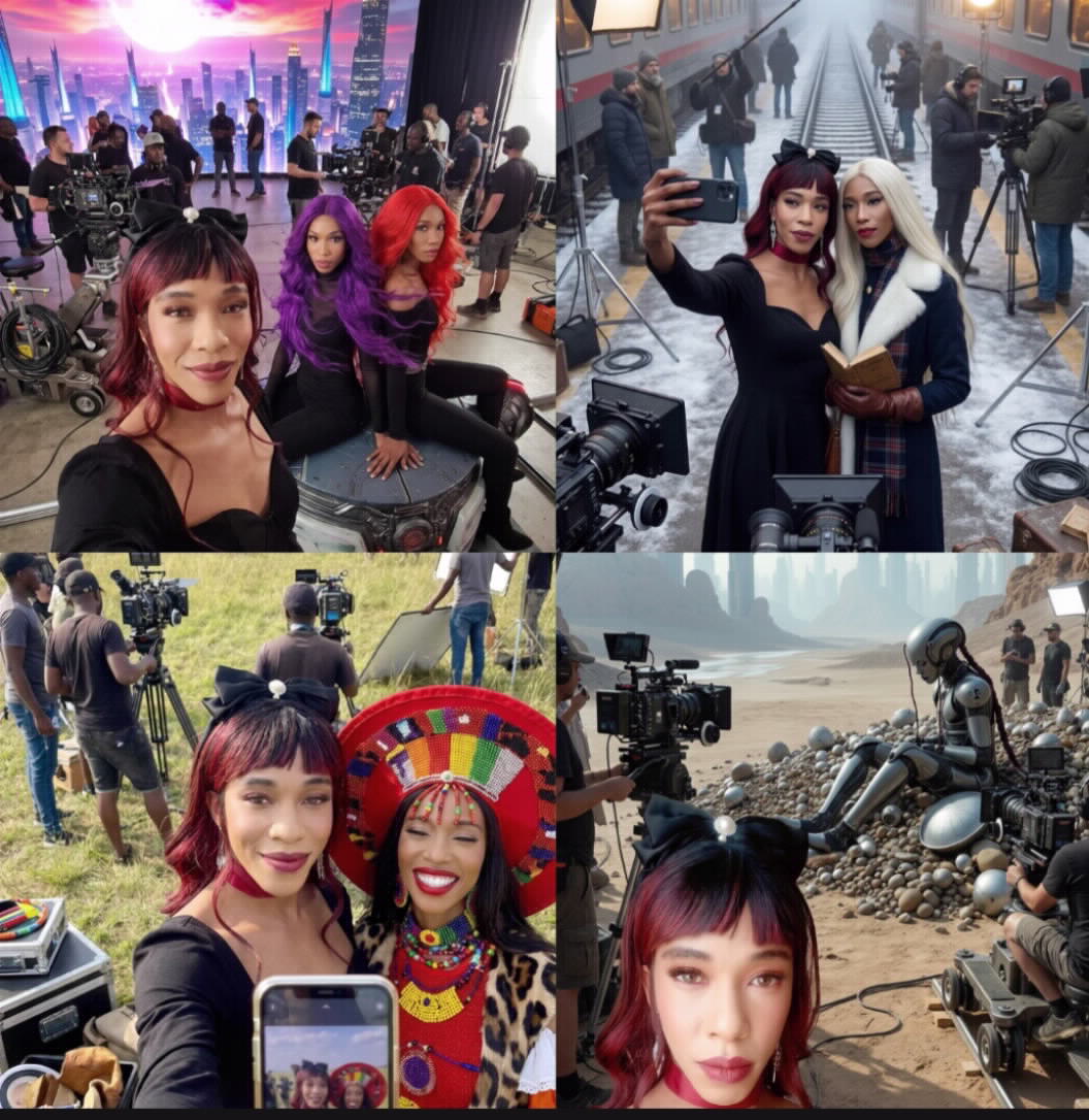 This is a behind-the-scenes collage of my work 2025 music release "Cynthesia" exploring music and visual art with AI digital twins. It was exhibited at the Labecque Open Studios in March 2025 in Switzerland