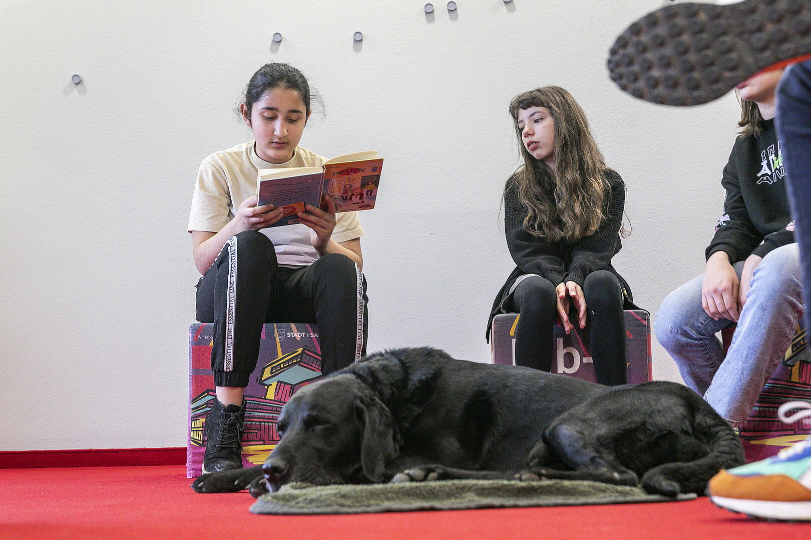 Gemeinsam wird gelesen, Hund "Mounti" hört geduldig zu